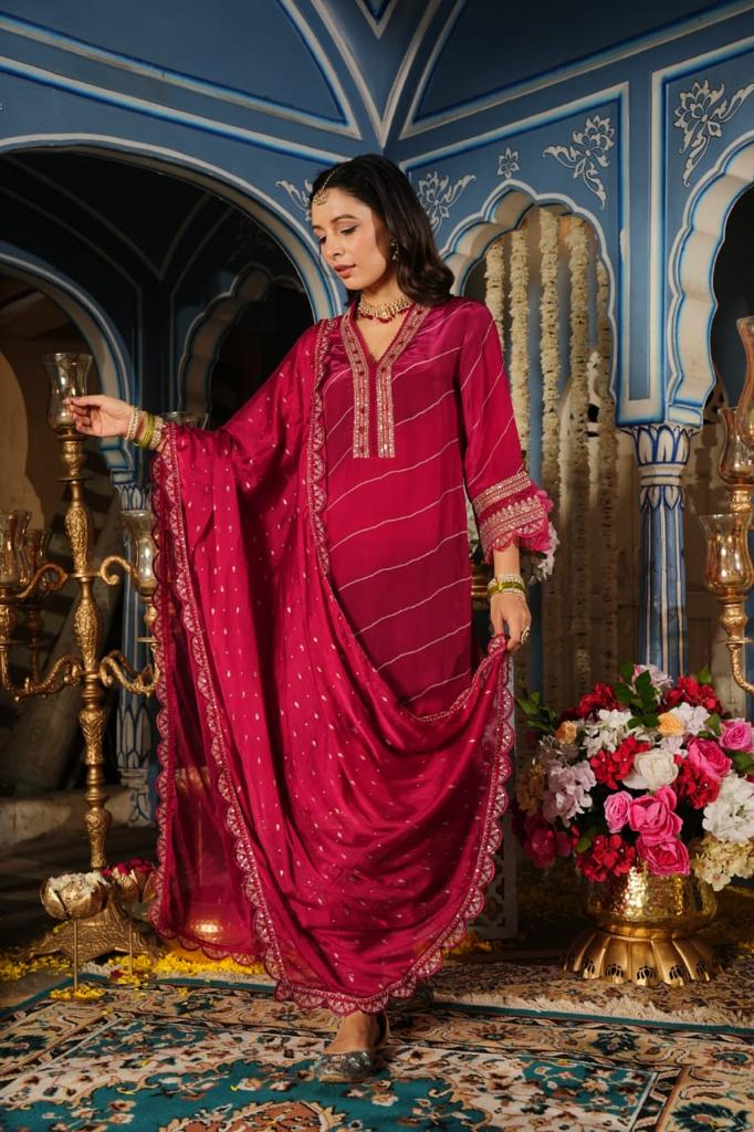 Silk Blend Magenta Suit set with Afghani salwar and Dupatta With cutwork lace