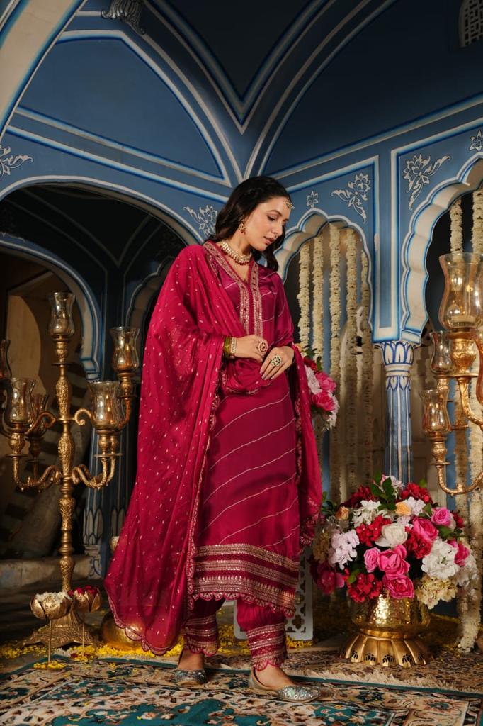 Silk Blend Magenta Suit set with Afghani salwar and Dupatta With cutwork lace