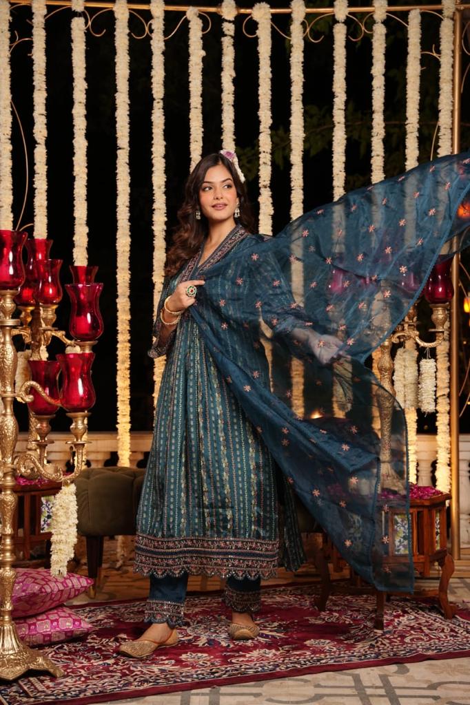 Organza Silk Suit set with Lacework pant and embroidered Organza Dupatta