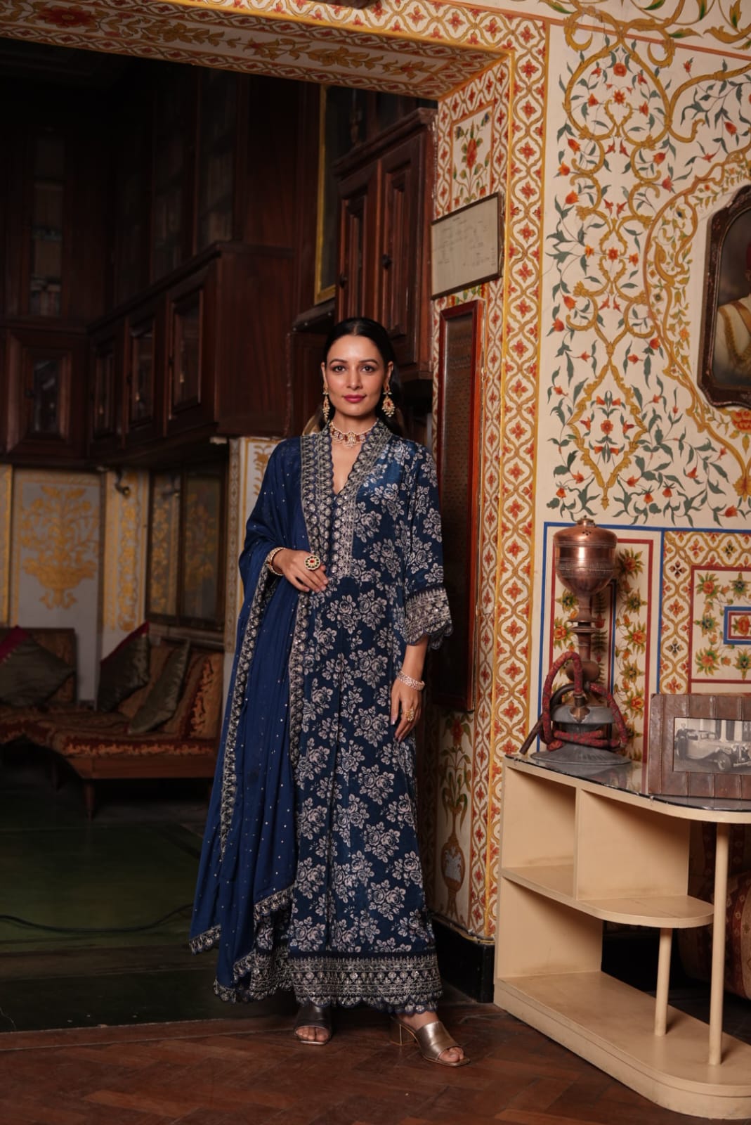 Dupion suit set with lace work  Kurta and pant Paired with Soft Chiffon Dupatta