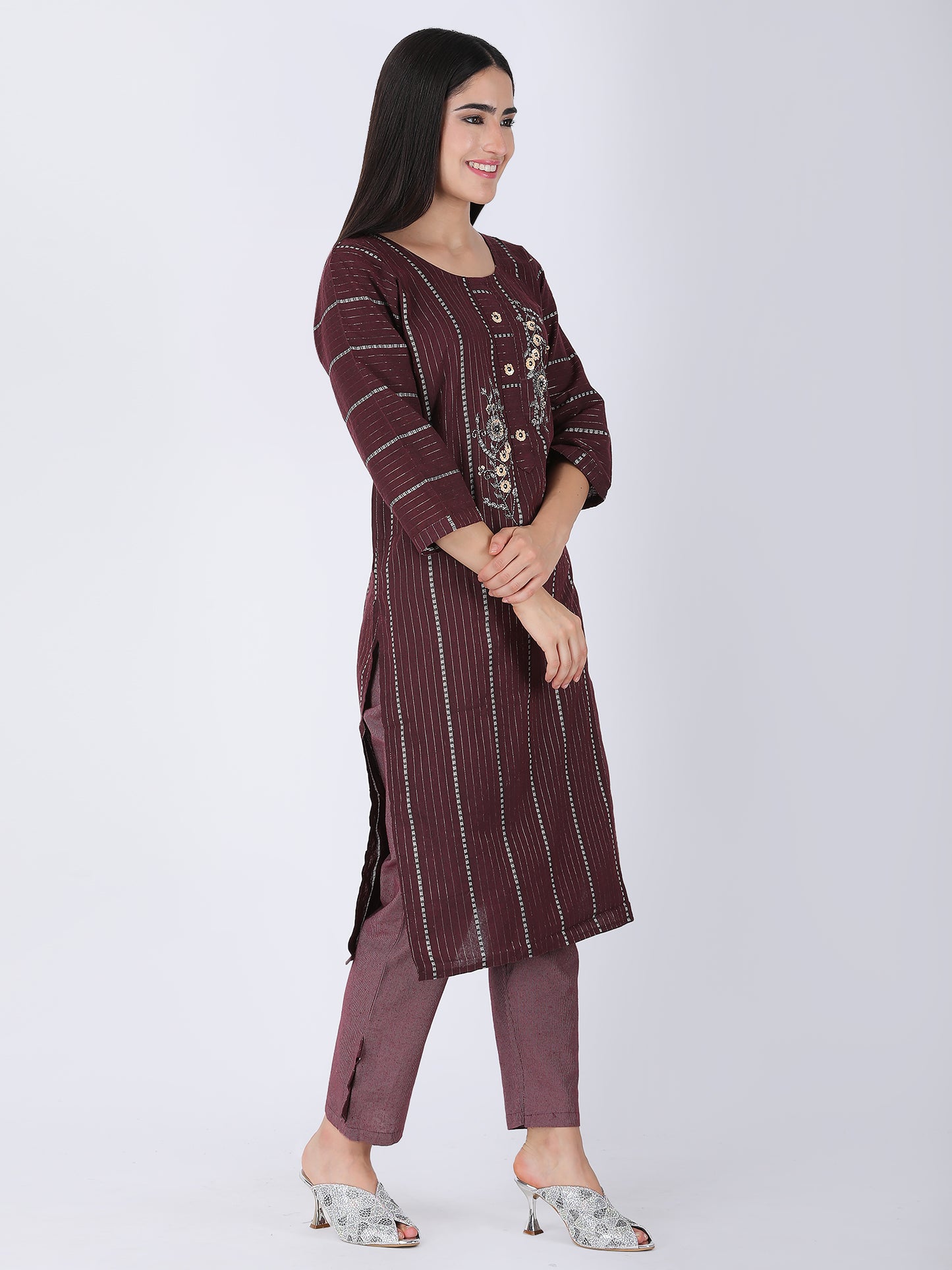 Wine Red Khadi Look Cotton Suit Set