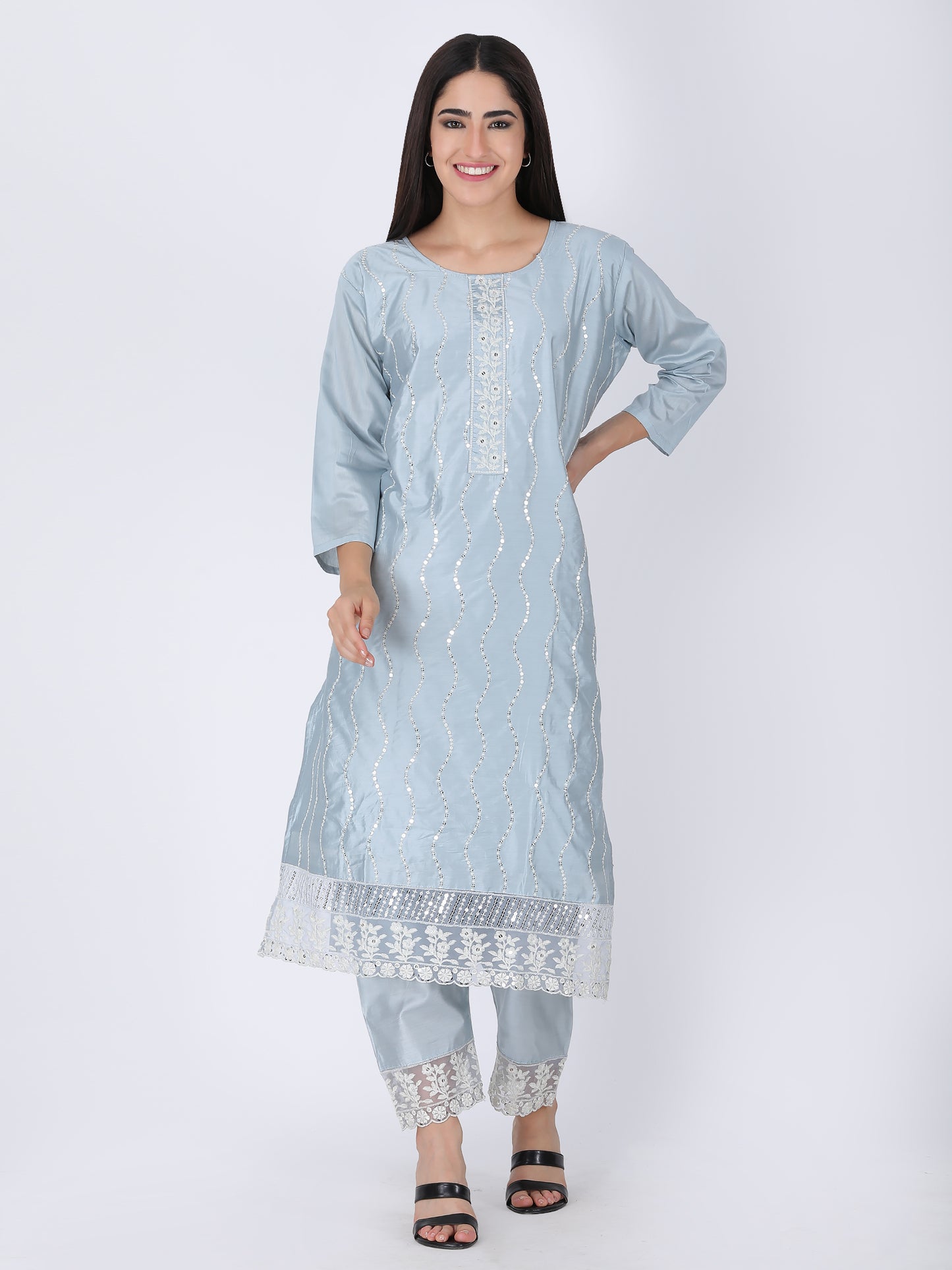Blue Straight Fit Embroidered Suit Set