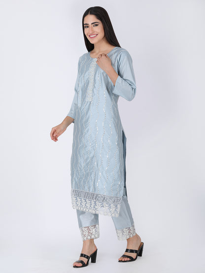 Blue Straight Fit Embroidered Suit Set