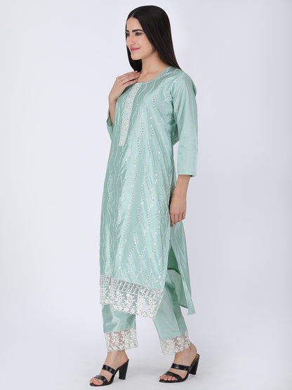 Green Straight Fit Embroidered Suit Set