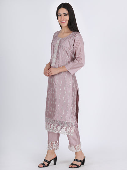 Pink Straight Fit Embroidered Suit Set