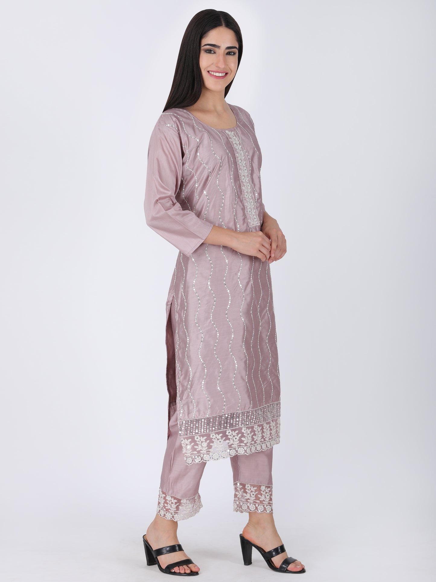 Pink Straight Fit Embroidered Suit Set