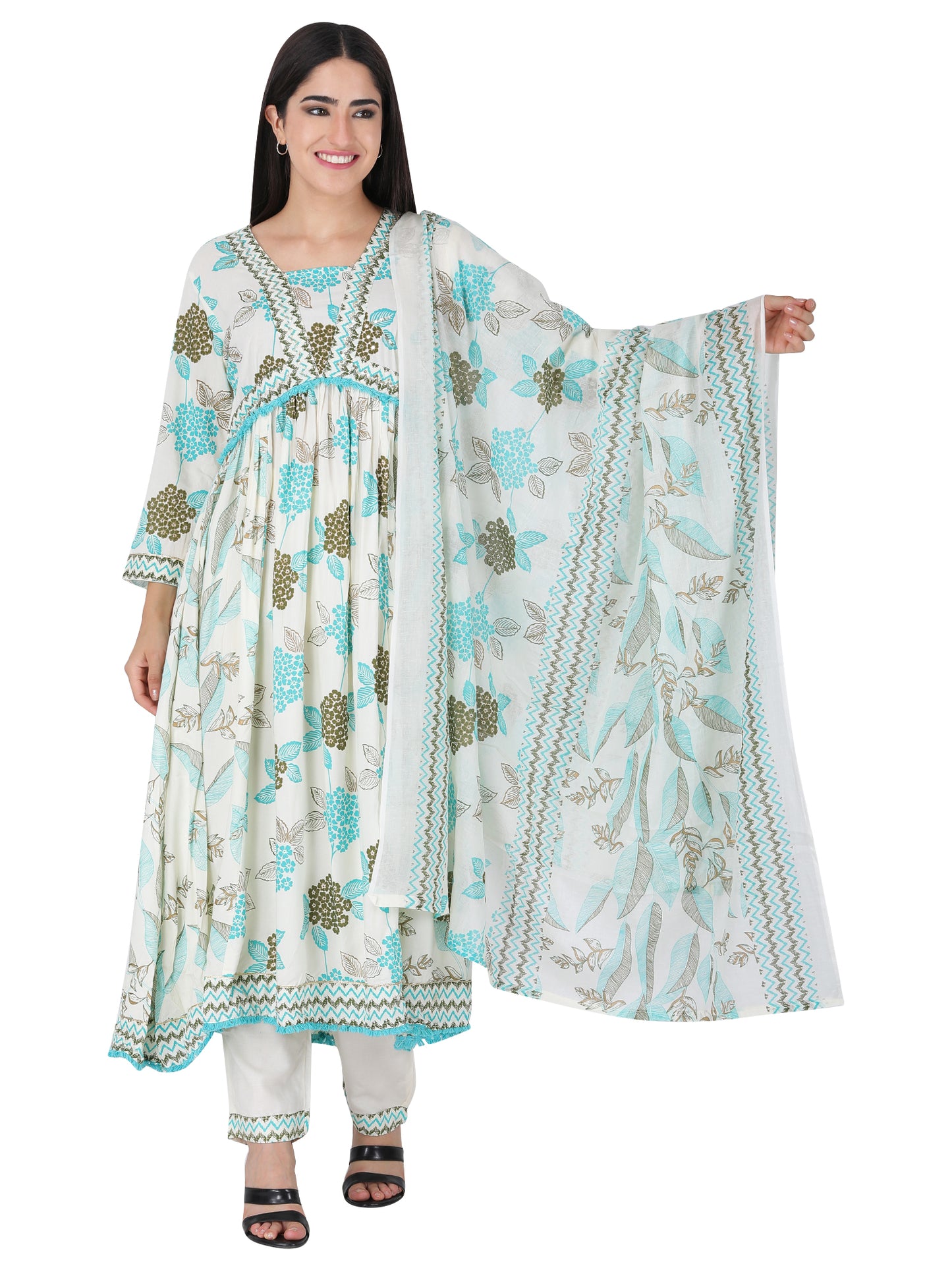 Green Anarkali Floral Print Suit Set