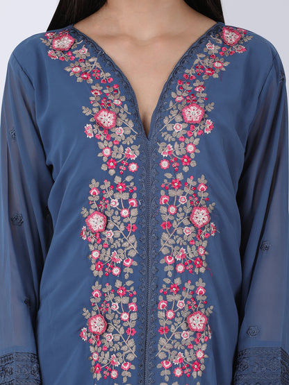Blue Floral Embroidered Suit Set