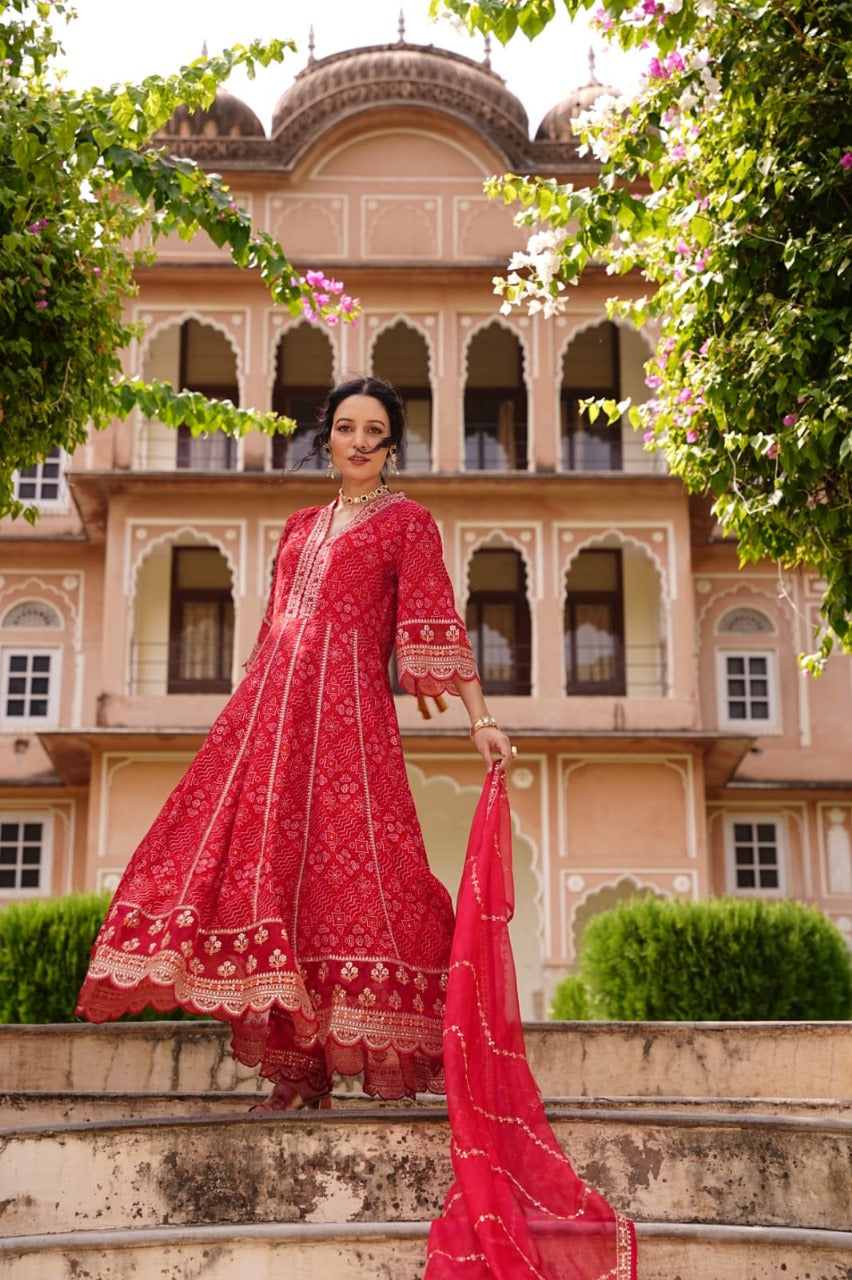 Red Cotton Rayon Embroidered Anarkali Salwar Suit