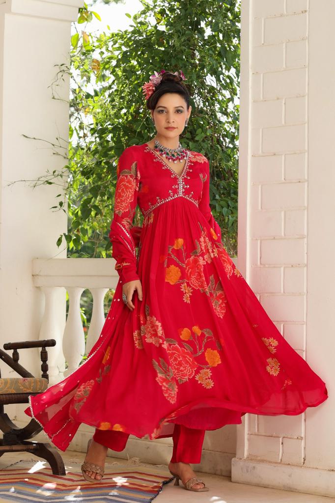 Red Chinon Anarkali with Floral Print