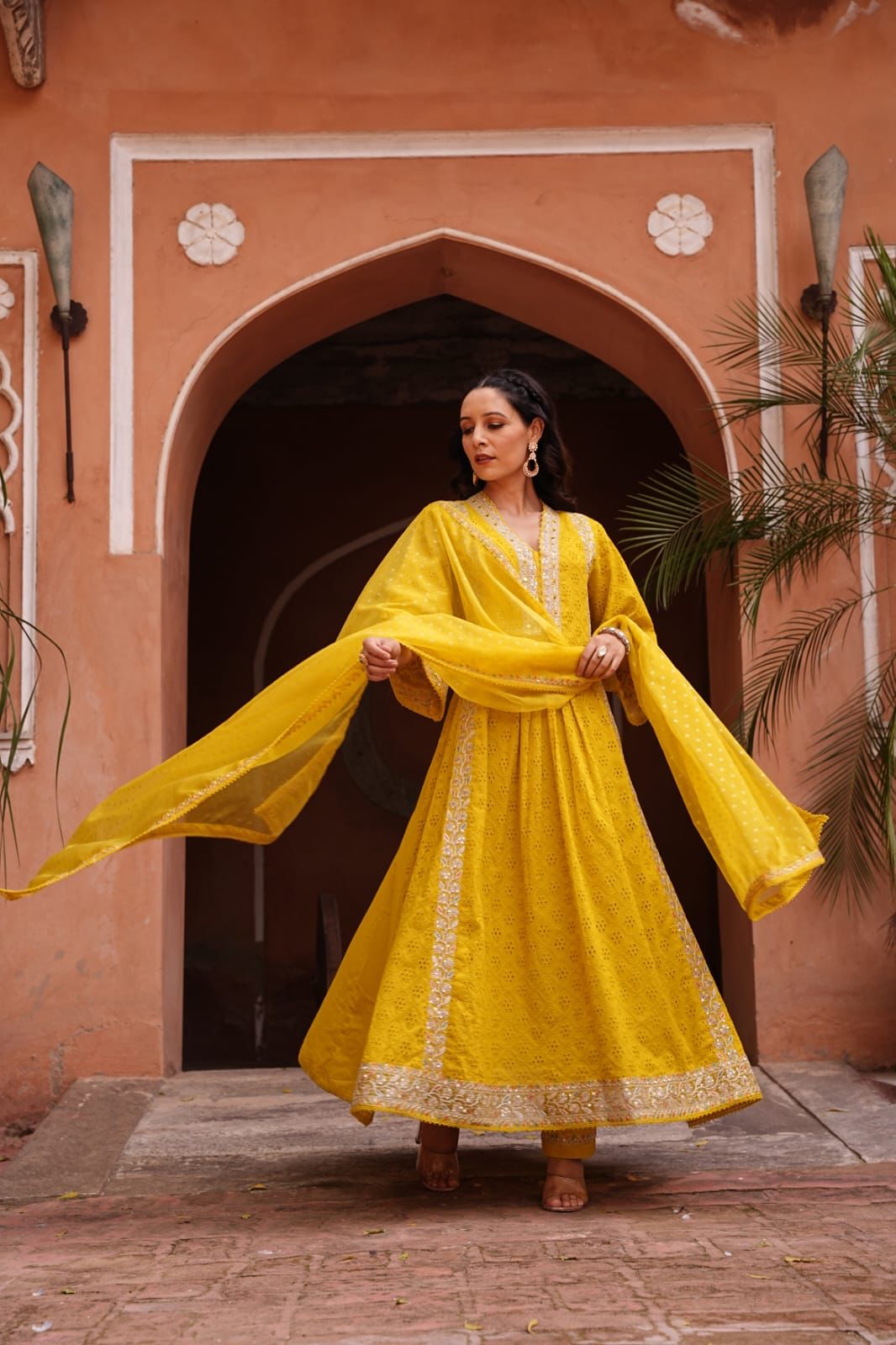Lemon Yellow Cotton Schiffli Anarkali Salwar Suit