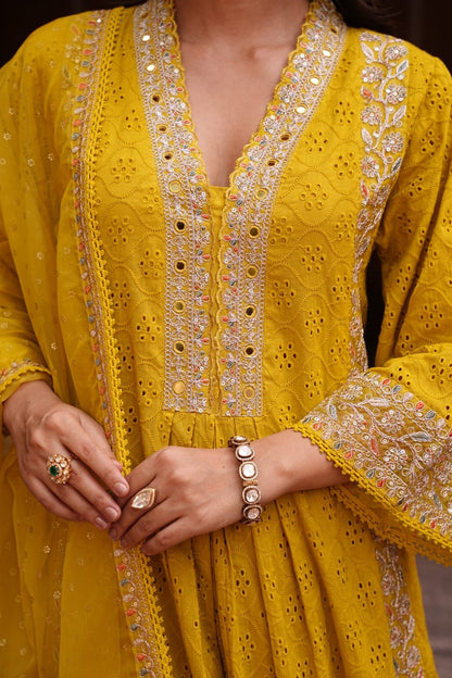 Lemon Yellow Cotton Schiffli Anarkali Salwar Suit