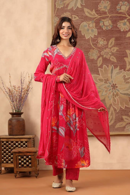 Pink Chinon Floral Nayra Cut Salwar Suit