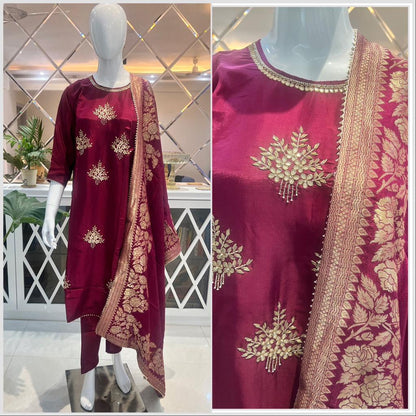 Wine Red Silk Blend Straight Fit Salwar Suit with  Gotta Patti