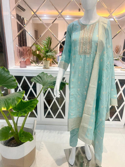 Sea Green Silk Blend Straight Fit Salwar Suit with Zari Work