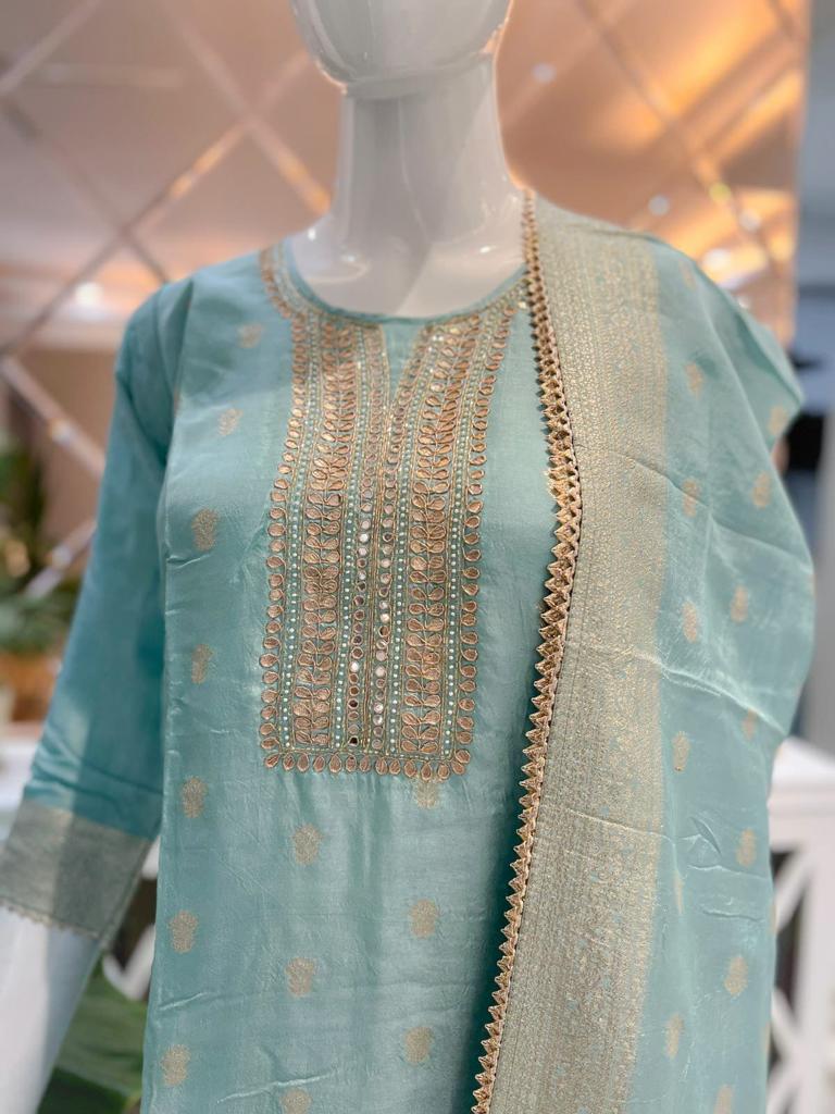 Sea Green Silk Blend Straight Fit Salwar Suit with Zari Work