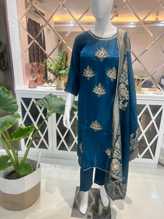 Blue Silk Blend Straight Fit Salwar Suit with Gotta Patti