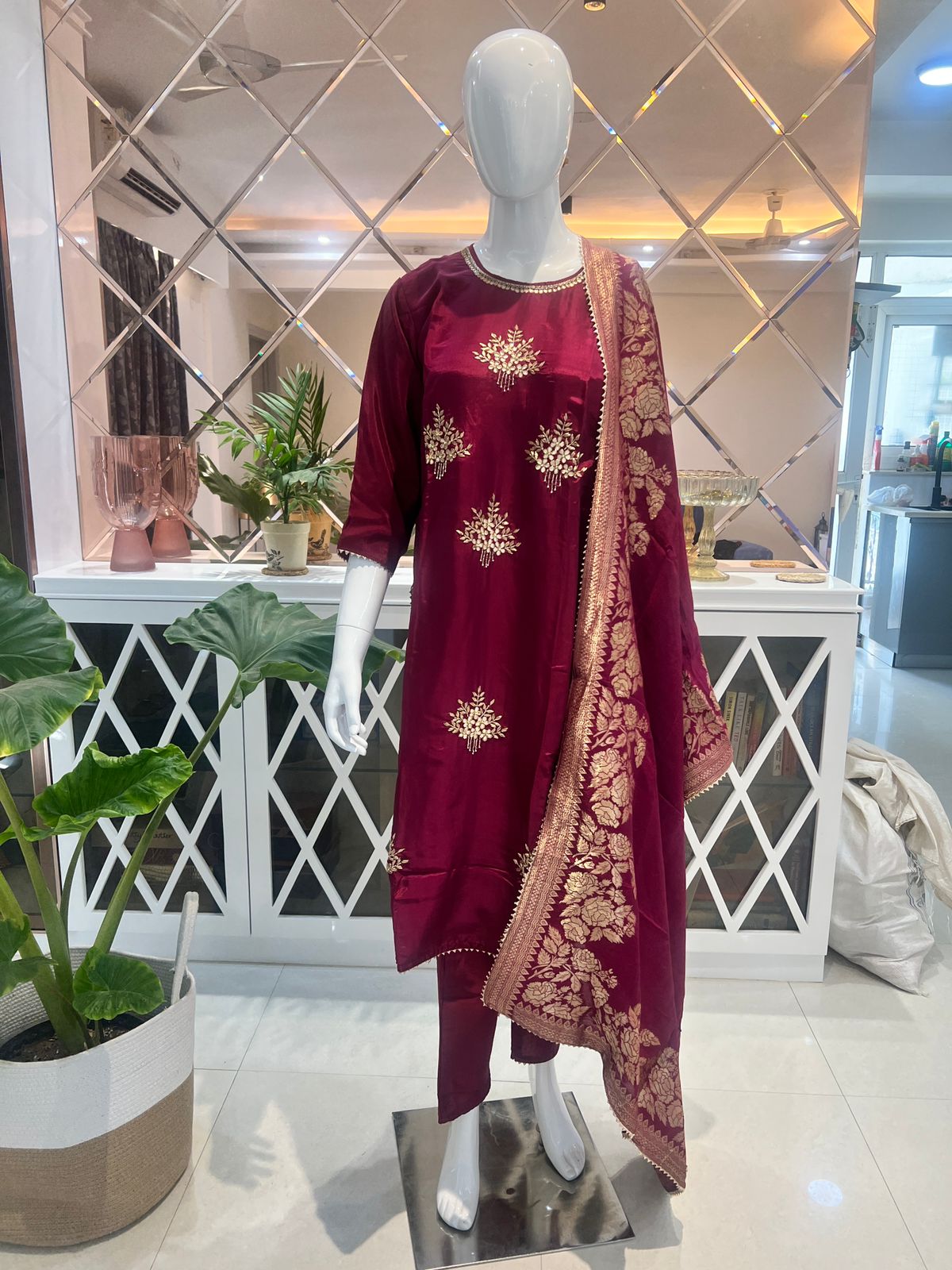 Wine Red Silk Blend Straight Fit Salwar Suit with  Gotta Patti
